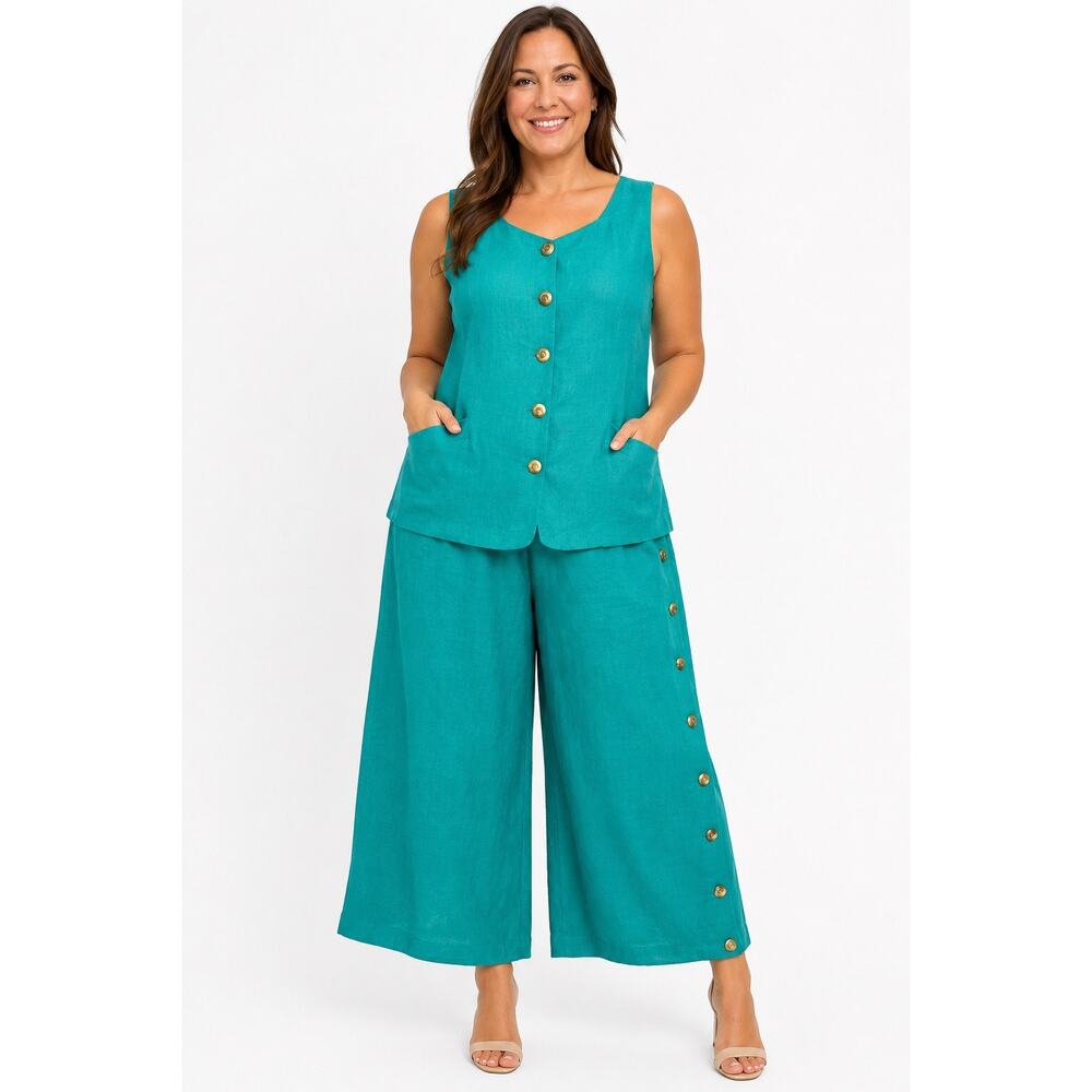 1990s Ronet Turquoise Linen Pant Set USA Women’s XL Plus Size